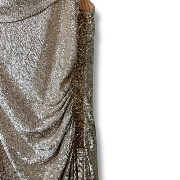 Calvin Klein Gold Metallic Sequin Off-the-Shoulder Ruched Maxi Evening Gown 16W - Picture 5 of 11